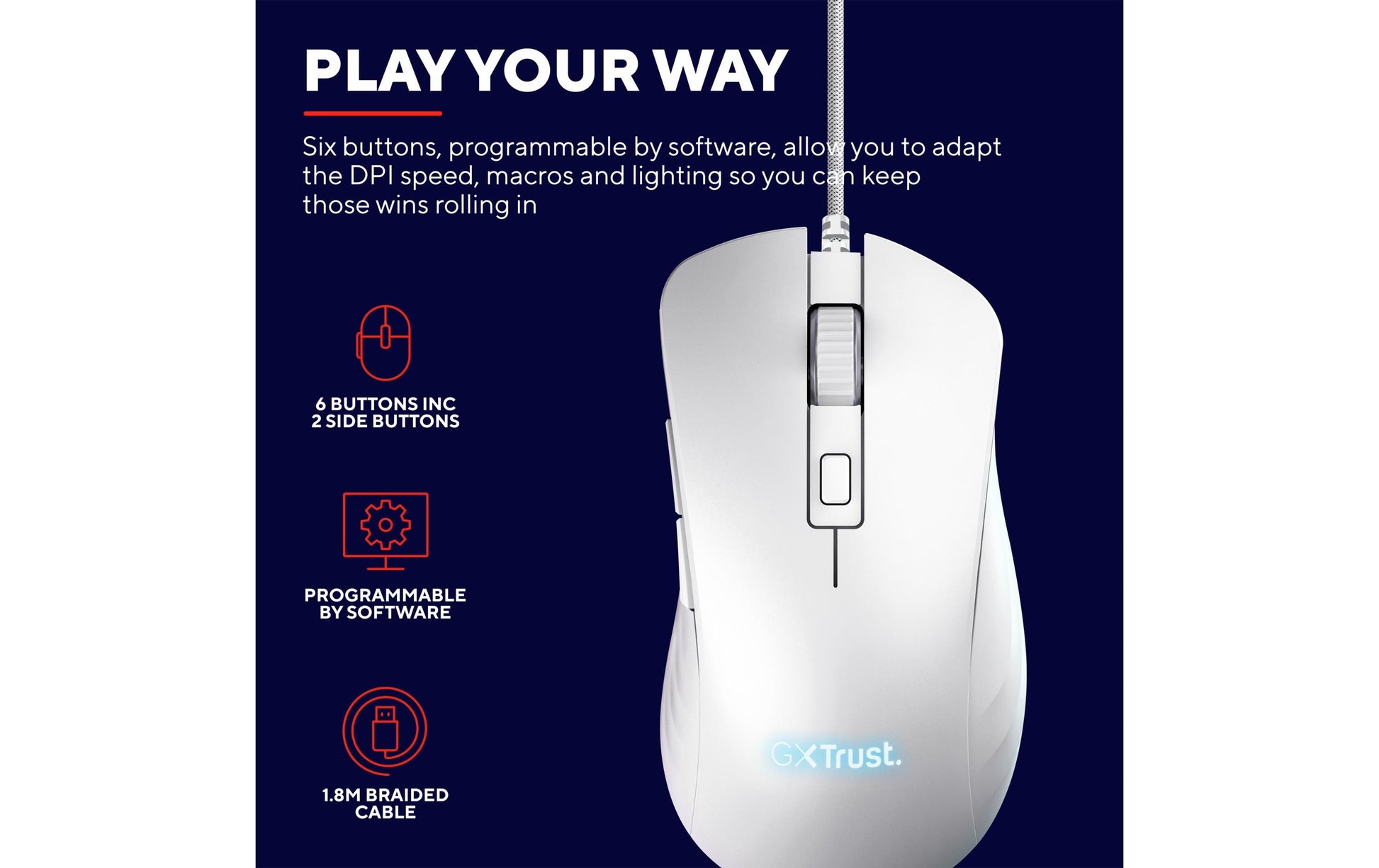 Trust GXT 924W YBAR+ Gaming-Maus – kabelgebunden, 1'000 Hz, 6 Tasten, für Rechtshänder, RGB-Beleuchtung, weiss