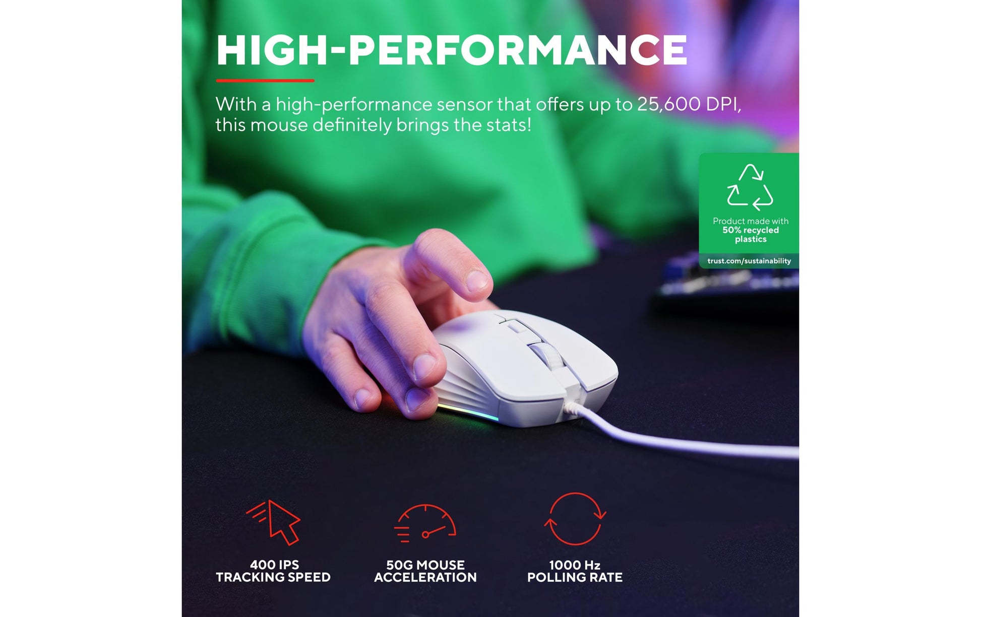 Trust GXT 924W YBAR+ Gaming-Maus – kabelgebunden, 1'000 Hz, 6 Tasten, für Rechtshänder, RGB-Beleuchtung, weiss