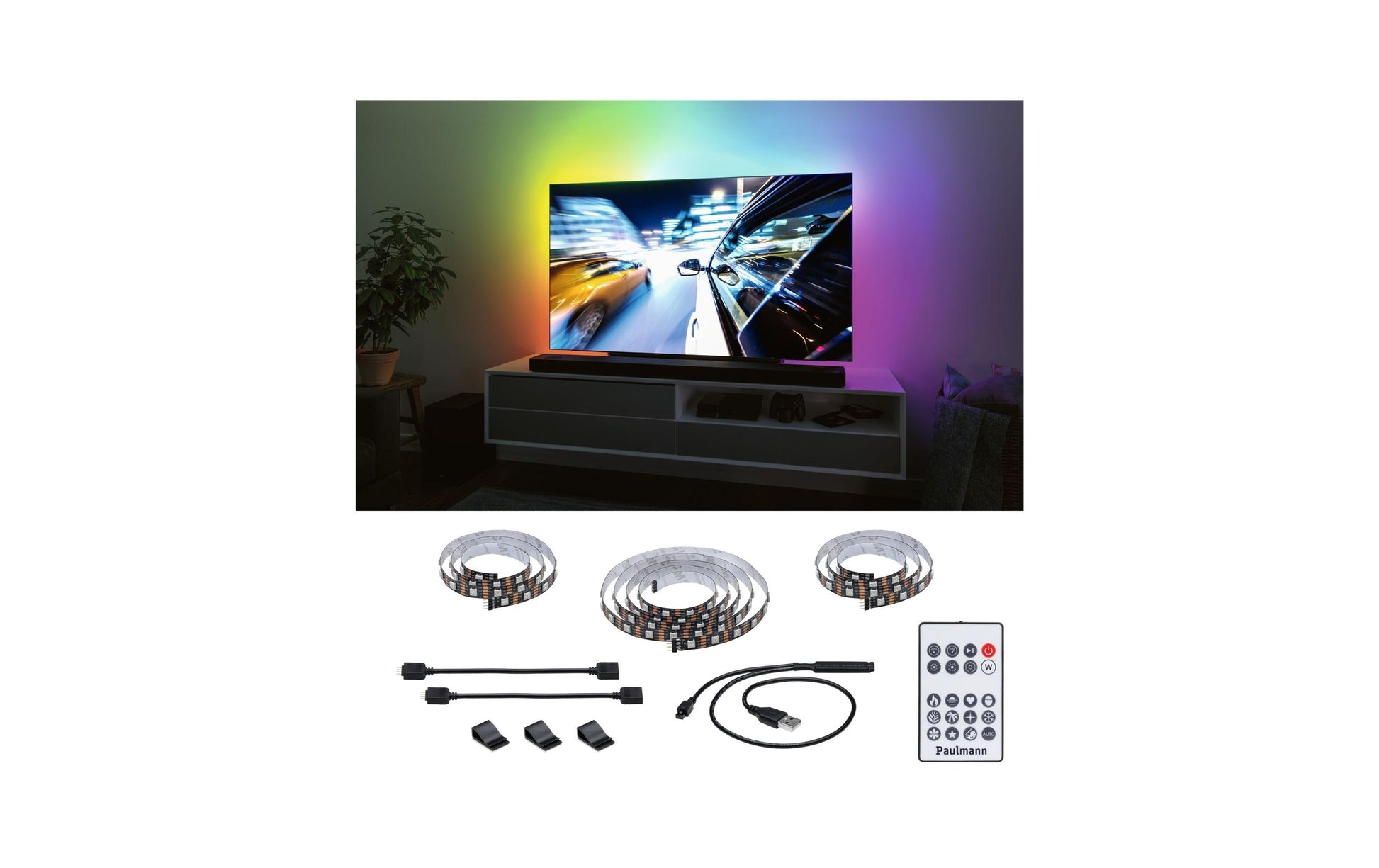 Paulmann LED-Strip – 2,4 m, 4 W, RGB, dimmbar, schwarz, USB, Fernbedienung, für 65"