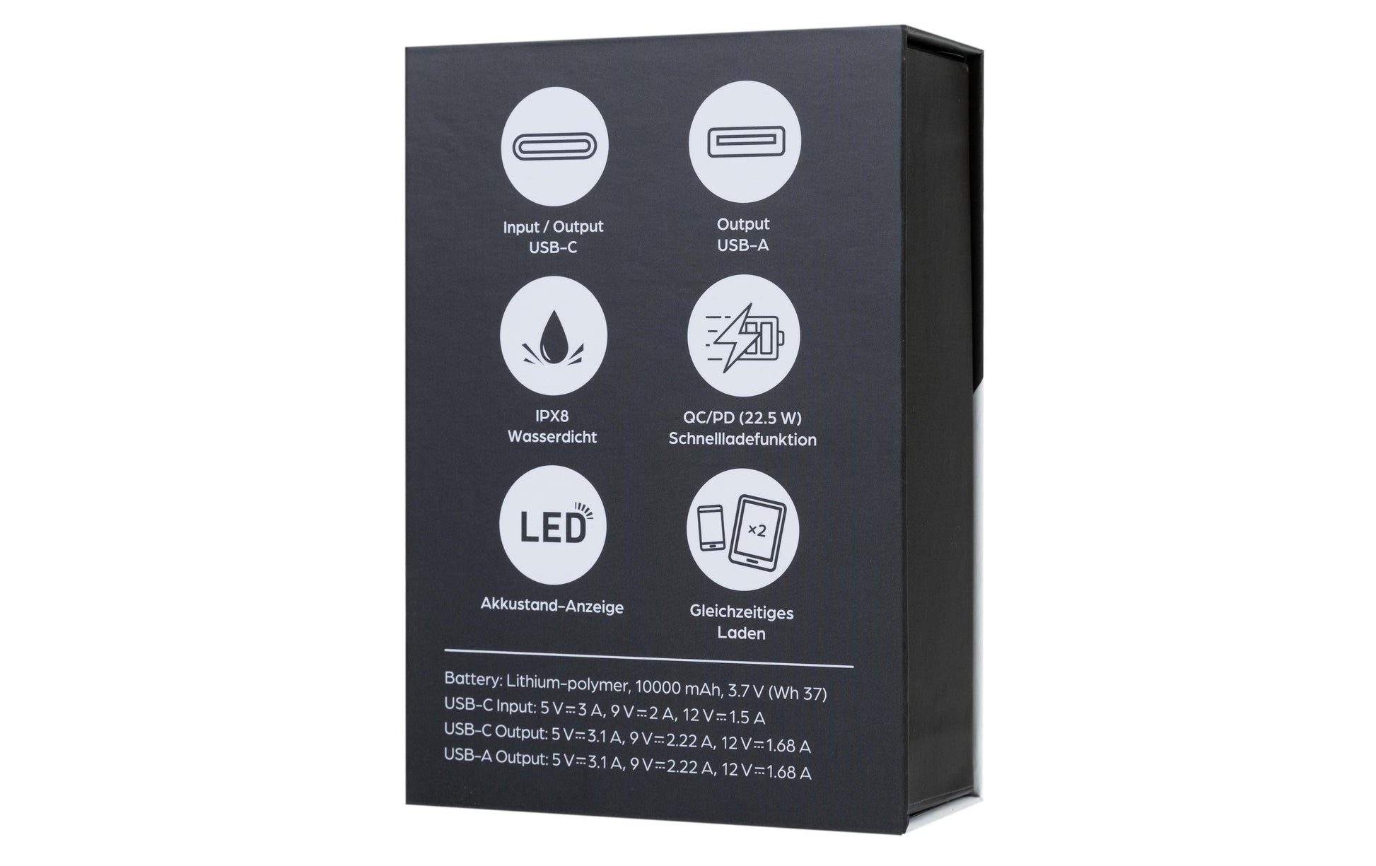 ONIT Powerbank 10000 mAh, PD 22,5 W, 2× USB-C, Durchgangsladung, für Smartphones, Tablets, Schwarz