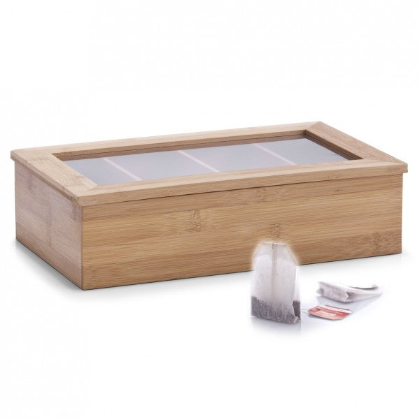 Zeller Present Teebeutelbox Bambus/Acryl, 4 Fächer, 33,5 × 20 × 9 cm, Braun
