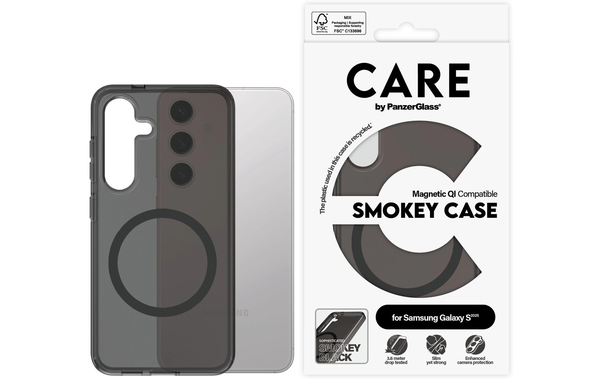 PanzerGlass CARE Flagship Backcover – für Samsung Galaxy S25, Smokey, bis 3,6 m sturzsicher, Qi-kompatibel