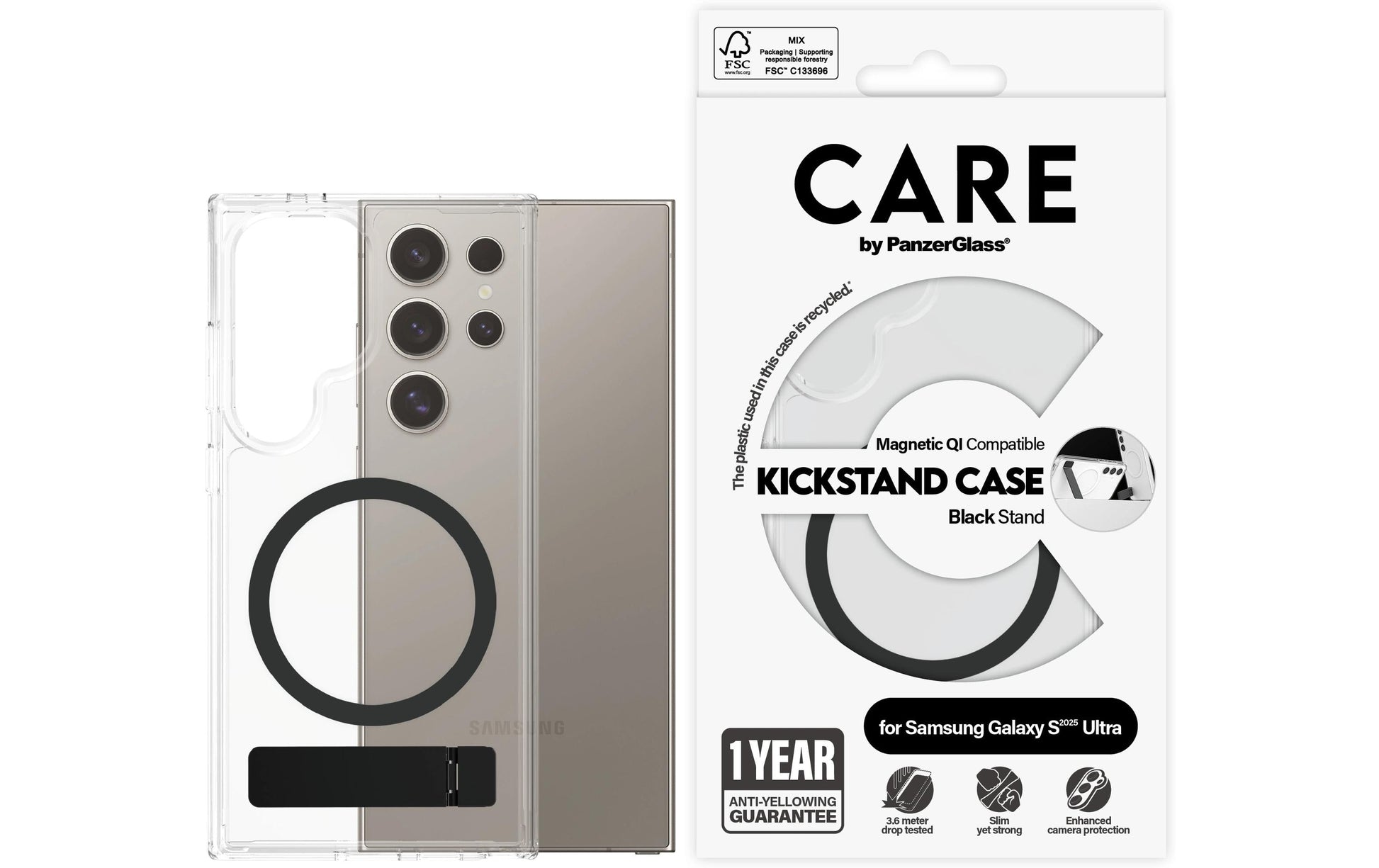 PanzerGlass Backcover CARE – für Samsung Galaxy S25 Ultra – transparent – mit Kickstand, Qi-kompatibel