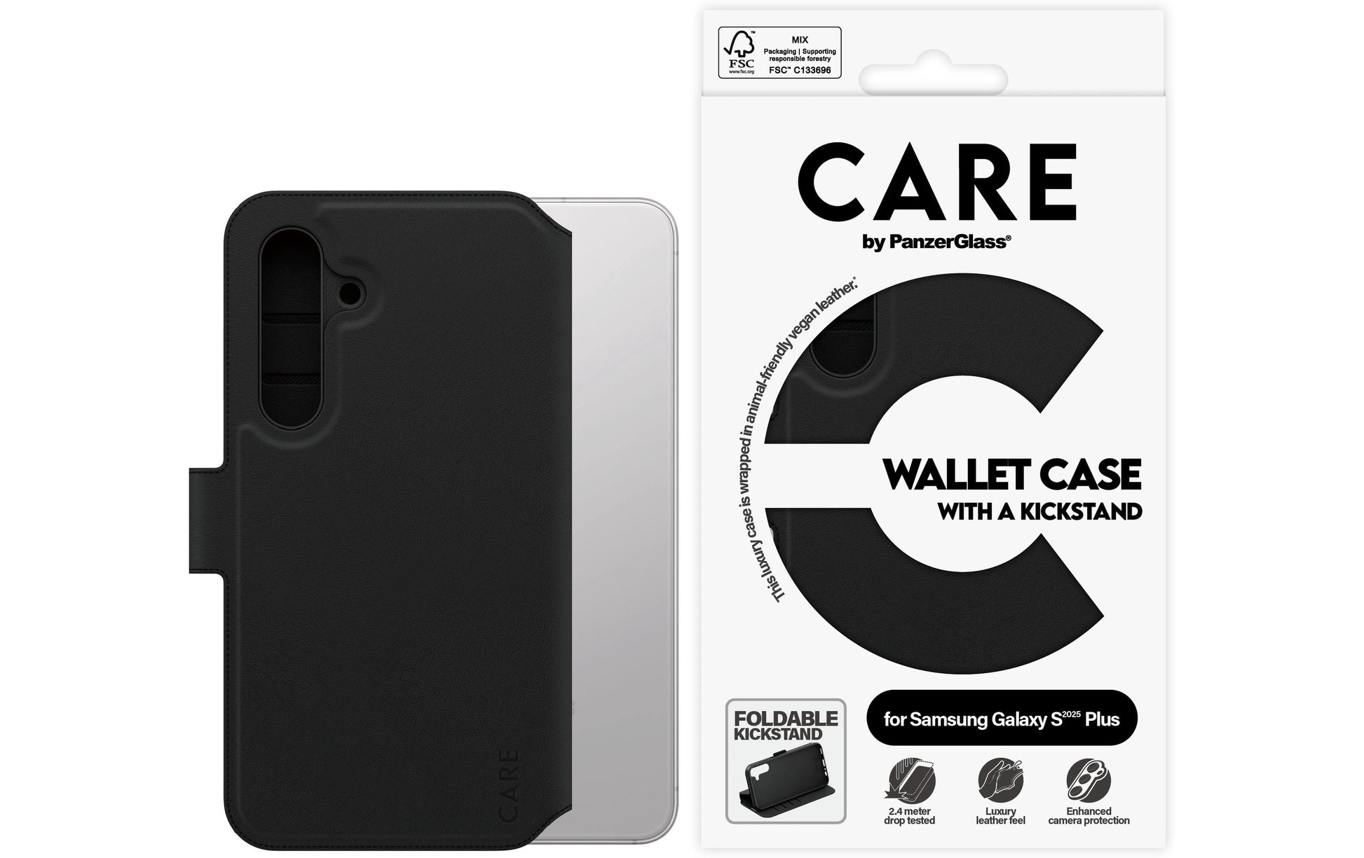 PanzerGlass CARE – Backcover – für Samsung Galaxy S25+ – schwarz – stossgeschützt (bis 2,4 m), mit Standfuss
