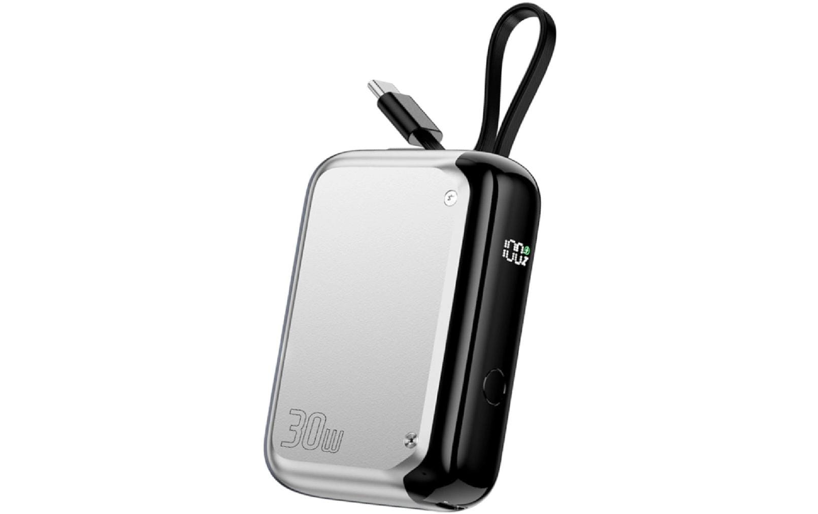 4smarts Powerbank 10000 mAh, PD 30 W, mit integriertem Kabel, für Smartphones, Silber
