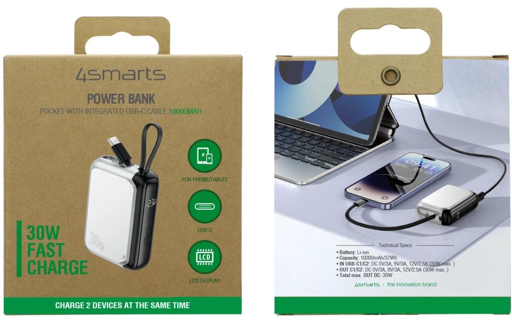 4smarts Powerbank 10000 mAh, PD 30 W, mit integriertem Kabel, für Smartphones, Silber