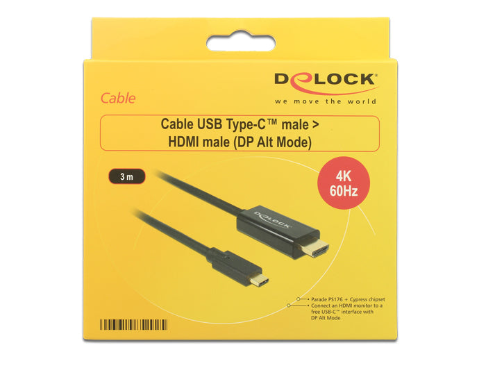DeLOCK USB-C auf HDMI Kabel 4K 60 Hz – 3 m – für Geräte mit USB-C (DisplayPort Alt Mode oder Thunderbolt 3)