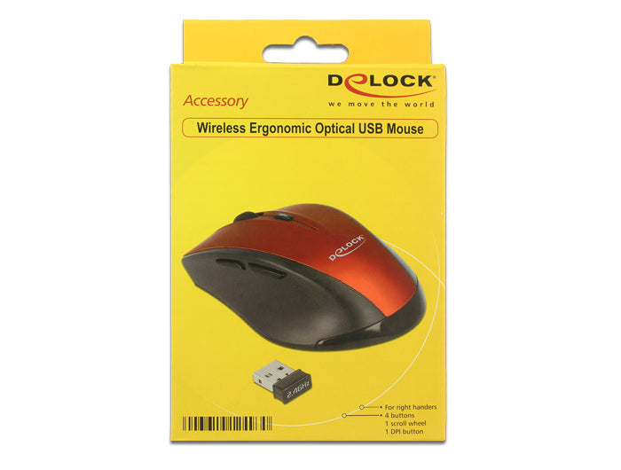 DeLOCK 12493 Maus – kabellos, 2,4 GHz, USB-A, 5 Tasten, für Rechtshänder, umschaltbare DPI, Rot