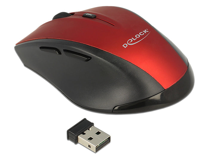 DeLOCK 12493 Maus – kabellos, 2,4 GHz, USB-A, 5 Tasten, für Rechtshänder, umschaltbare DPI, Rot