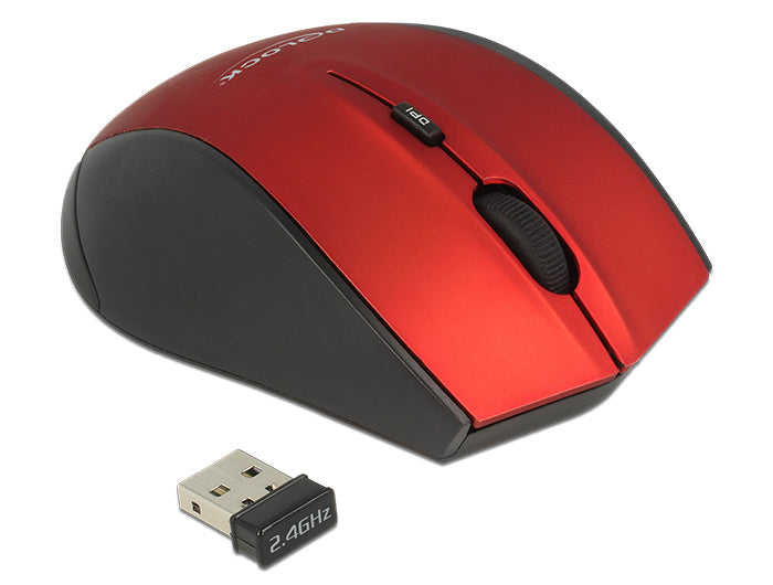 DeLOCK 12493 Maus – kabellos, 2,4 GHz, USB-A, 5 Tasten, für Rechtshänder, umschaltbare DPI, Rot