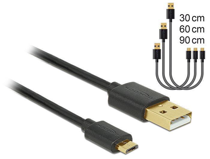 DeLOCK USB-Kabel – USB-A auf Micro-USB-B Kabel – USB 2.0 (480 Mbit/s) – 0,3/0,6/0,9 m – Schwarz – 3er-Set