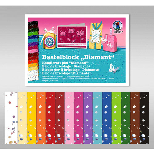 URSUS Designpapierblock Diamant – 22 × 33 cm, sortiert, 300 g/m² – 15 Blatt