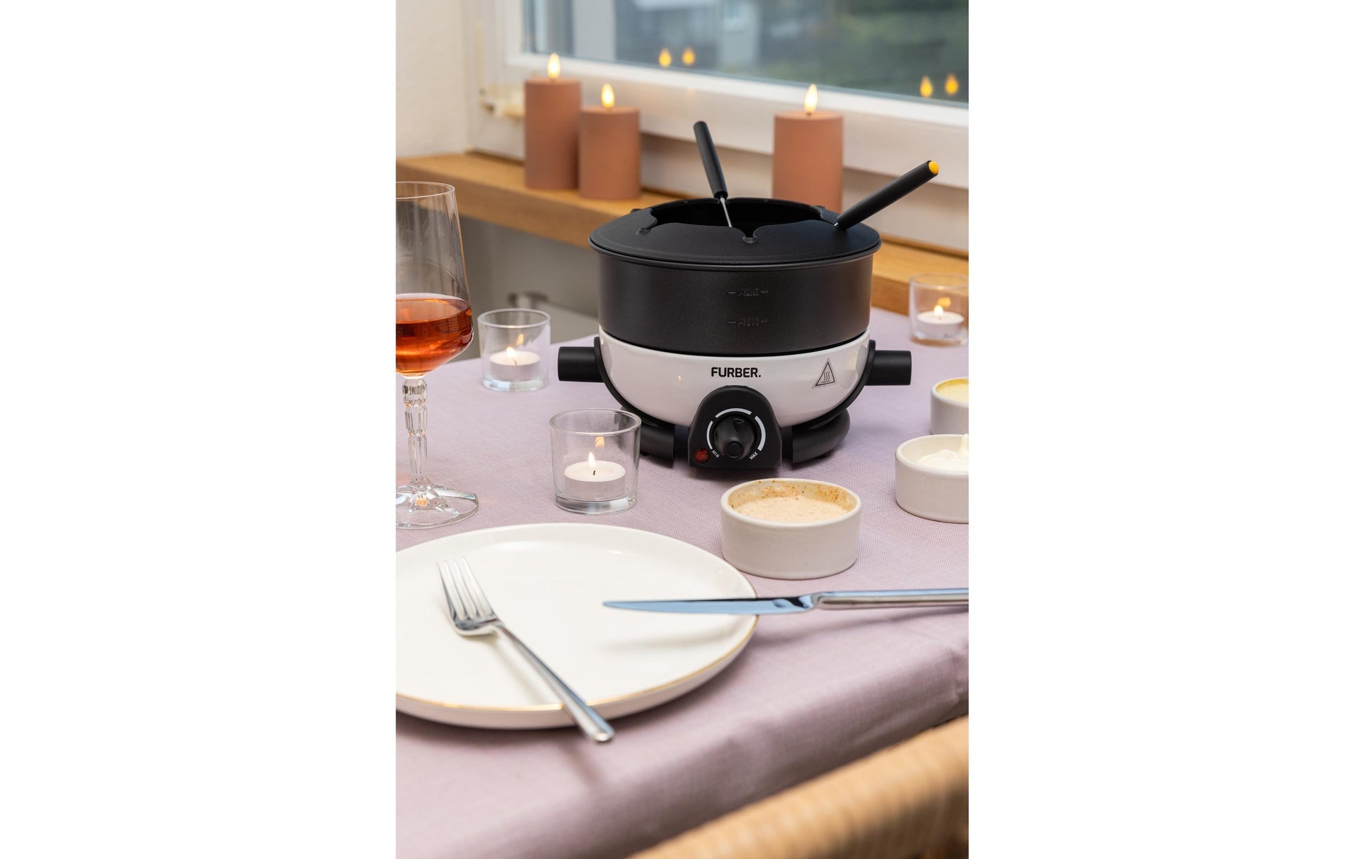 Furber. Furber Fondue-Set Alpy – Edelstahl, 1,3 l, 6 Gabeln, elektrisch – schwarz/weiss
