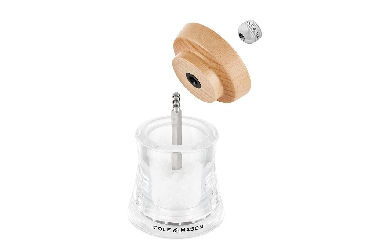 Cole & Mason Holborn SM – Salz-/Pfeffermühle Ø 6,1 × 9,5 cm, Acryl/Buche, Keramikmahlwerk, transparent/natur