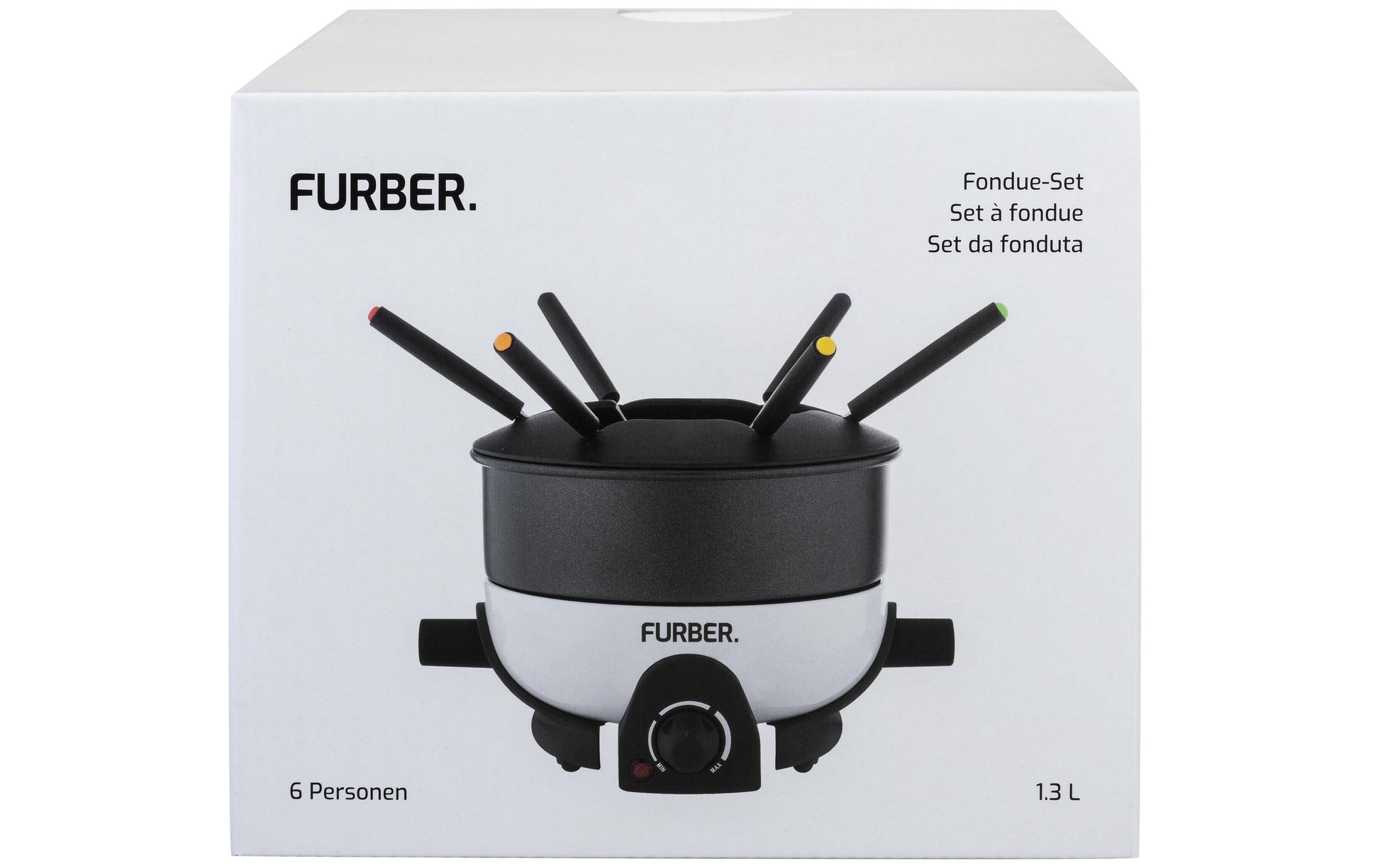 Furber. Furber Fondue-Set Alpy – Edelstahl, 1,3 l, 6 Gabeln, elektrisch – schwarz/weiss