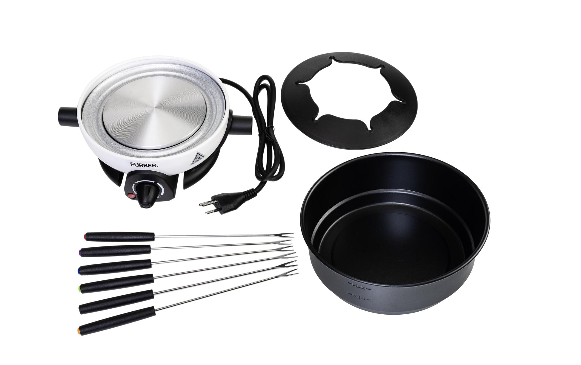Furber. Furber Fondue-Set Alpy – Edelstahl, 1,3 l, 6 Gabeln, elektrisch – schwarz/weiss