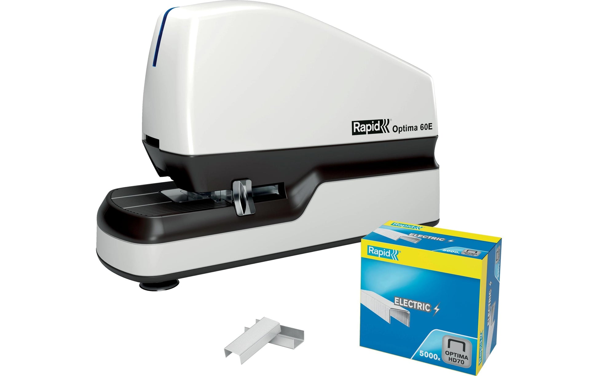 Rapid Optima 60E – Elektrischer Hefter, LED-Klammeranzeige, Einlegetiefe 5-30 mm, Weiss