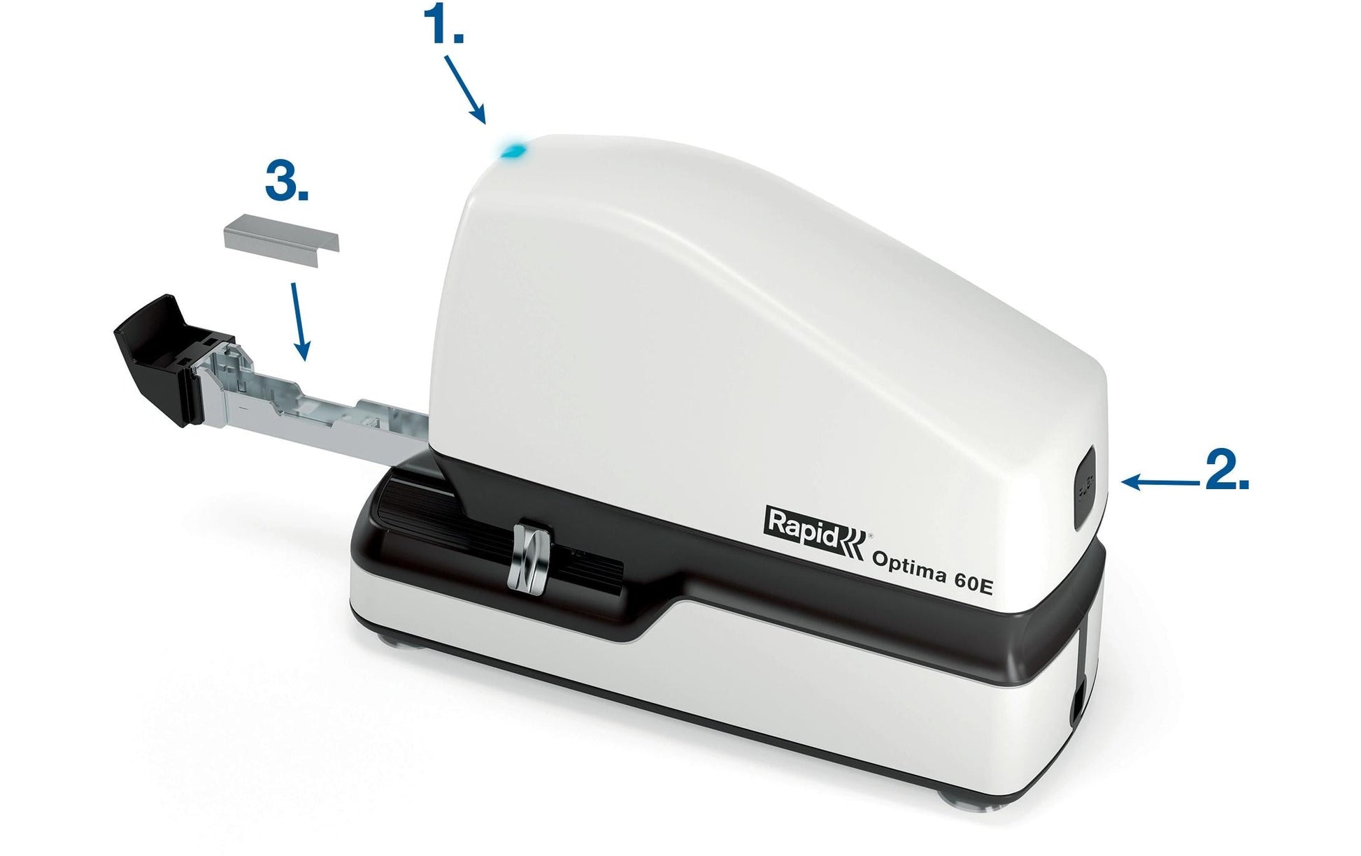 Rapid Optima 60E – Elektrischer Hefter, LED-Klammeranzeige, Einlegetiefe 5-30 mm, Weiss