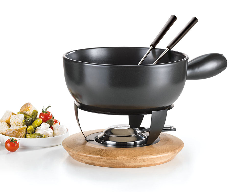 KOENIG Fondue-Set Bamboo – Ø 23 cm, 2,0 l, Edelstahl, für Käsefondue, Gas, Schwarz, 6 Personen, 3 Teile