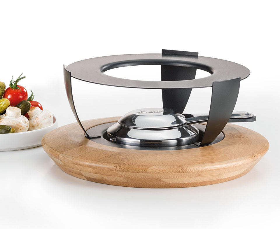 Koenig Fondue-Rechaud Bamboo – mit Pastenbrenner – Edelstahl & Bambus – Silber, Anthrazit – Ø 18,5 × 22 cm