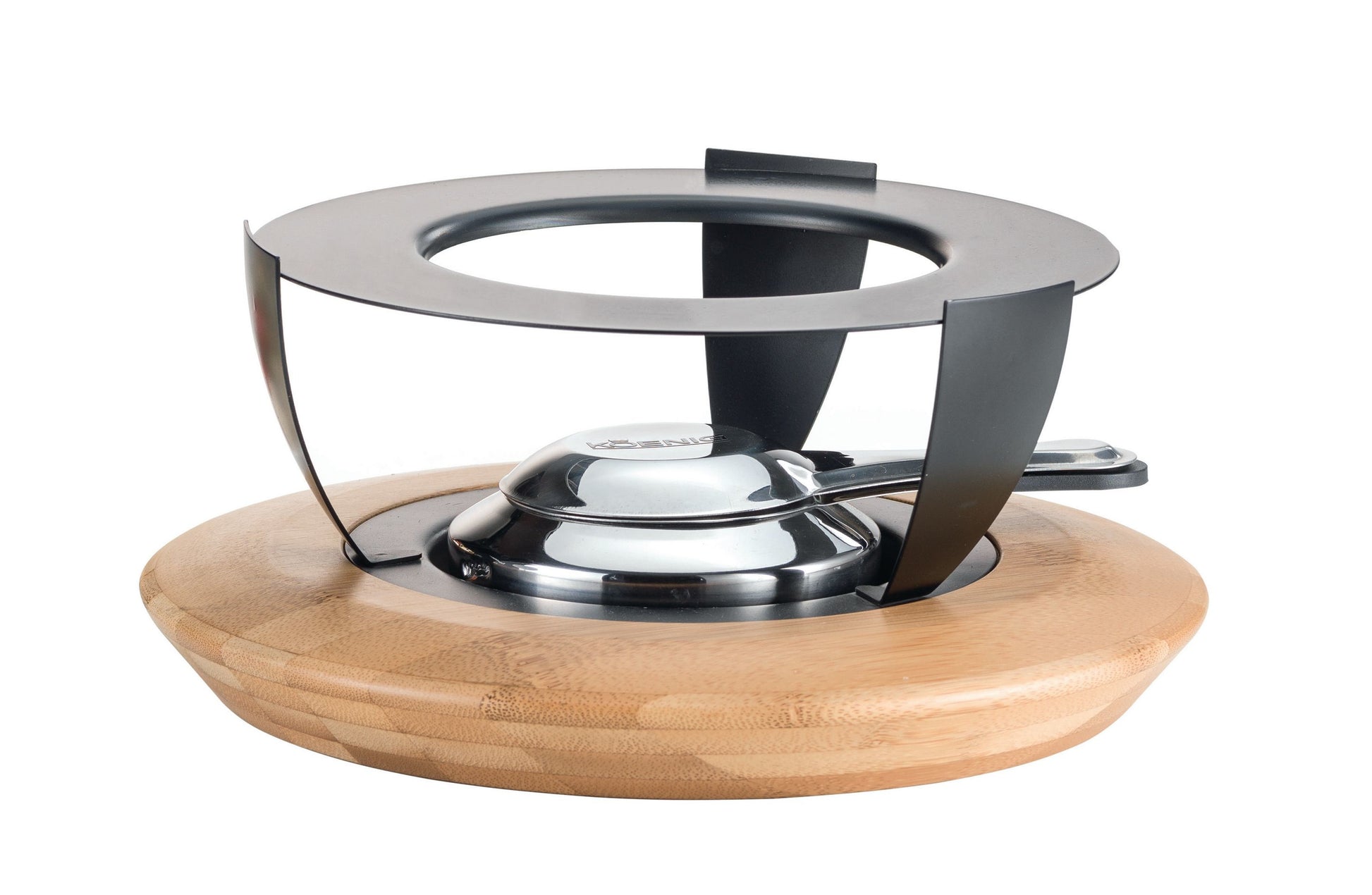 Koenig Fondue-Rechaud Bamboo – mit Pastenbrenner – Edelstahl & Bambus – Silber, Anthrazit – Ø 18,5 × 22 cm