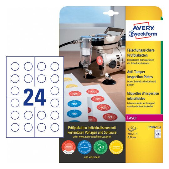 Avery Zweckform – Prüfplaketten, Ø 30 mm, weiss, Kunststoff, permanent, 240 Etiketten (10 Blatt)