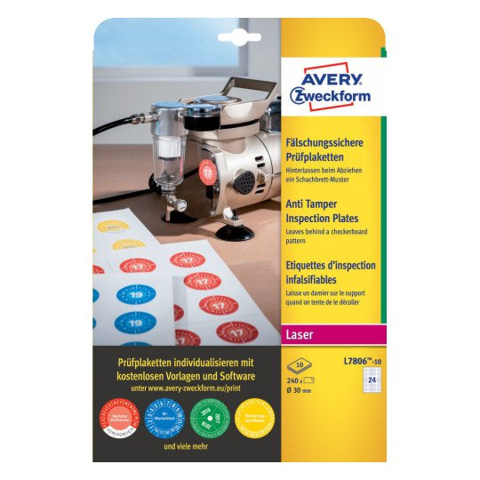 Avery Zweckform – Prüfplaketten, Ø 30 mm, weiss, Kunststoff, permanent, 240 Etiketten (10 Blatt)