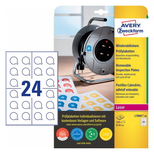 Avery Zweckform – Prüfplaketten, Ø 30 mm, weiss, Kunststoff, permanent, 240 Etiketten