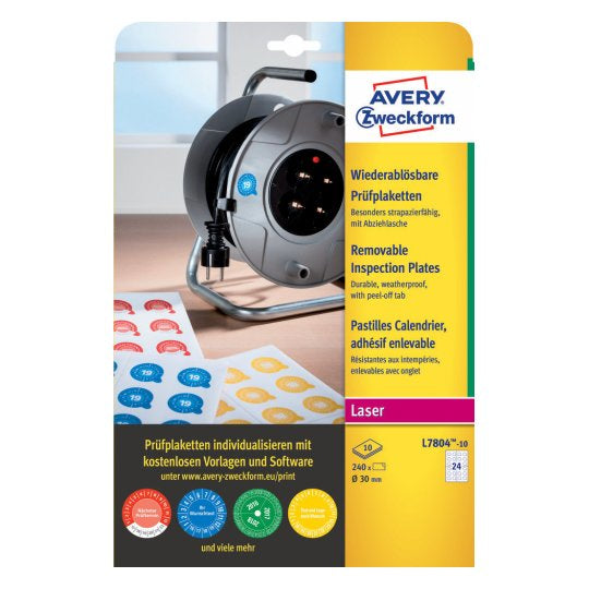 Avery Zweckform – Prüfplaketten, Ø 30 mm, weiss, Kunststoff, permanent, 240 Etiketten