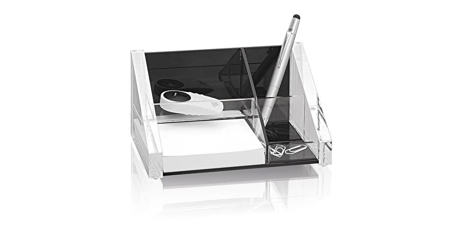 Wedo 605101 Multiköcher – 3 Fächer, Notizfach, transparent/schwarz, Kunststoff, B 105 × H 95 × T 175 mm