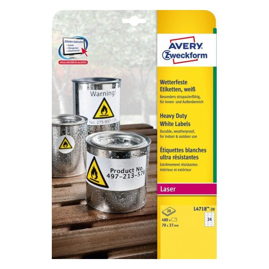 Avery Druckeretiketten, 70 mm × 37 mm, weiss, Polyester, selbstklebend, für Laserdrucker