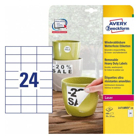 Avery Druckeretiketten, 70 mm × 37 mm, weiss, Polyester, selbstklebend, für Laserdrucker