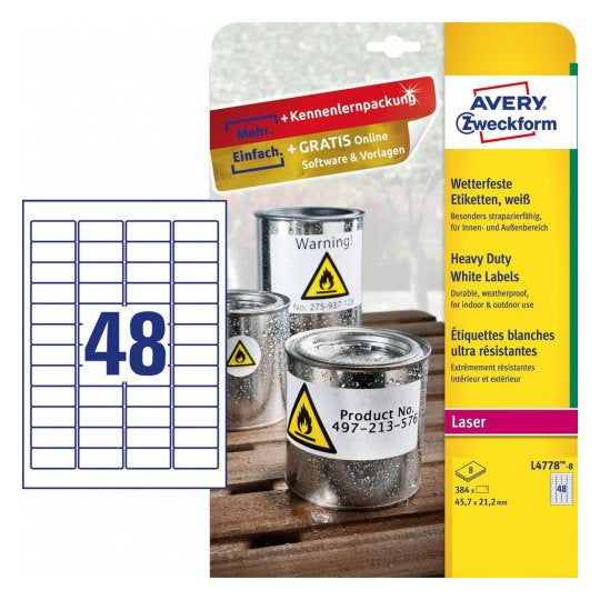 Avery Etiketten, 46 mm × 21 mm, weiss, für Kopierer und Laserdrucker, 384 Etiketten