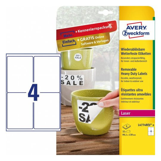 Avery Etiketten, 99,1 mm × 139 mm, weiss, Folie, extra stark, Packung 8 Blätter (32 Etiketten)