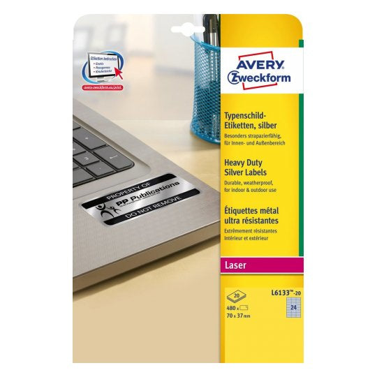 Avery Typenschild-Etiketten, 37 mm × 70 mm, silber, Polyester, selbstklebend, 20 Blätter (480 Etiketten)