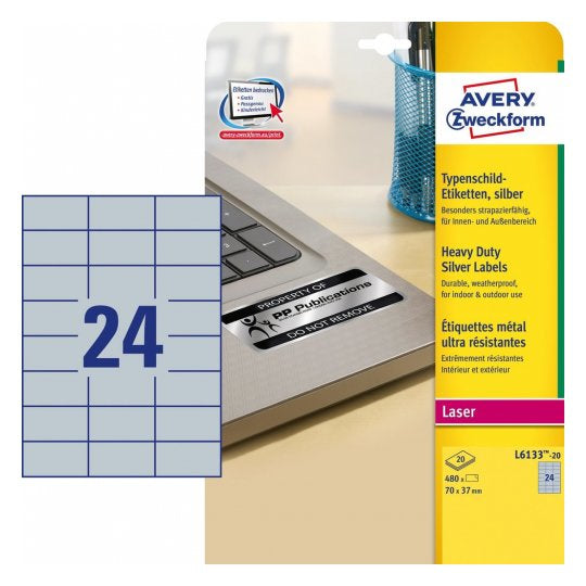 Avery Typenschild-Etiketten, 37 mm × 70 mm, silber, Polyester, selbstklebend, 20 Blätter (480 Etiketten)