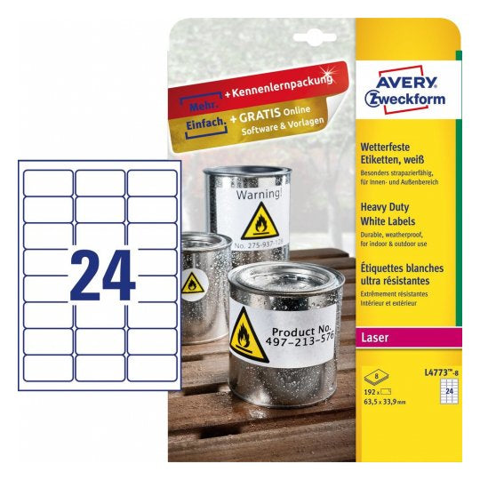 Avery Etiketten auf Bogen, 64 mm × 34 mm, Weiss, Folie, Extra Stark, Packung 8 Blätter (192 Etiketten)
