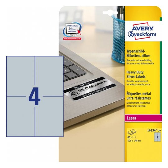 Avery Zweckform – Typenschild-Etiketten L6134-20, 105 mm × 148 mm, silber, 80 Stück (20 Blatt)
