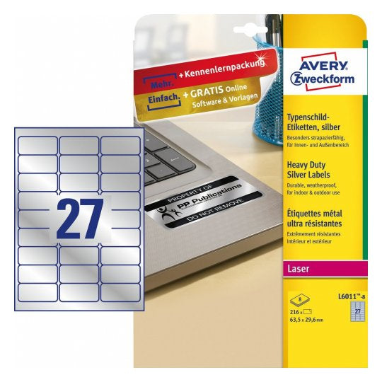Avery Zweckform – Typenschild-Etiketten, 64 mm × 30 mm, silber, Polyester, permanent, 216 Stück (8 Blatt)