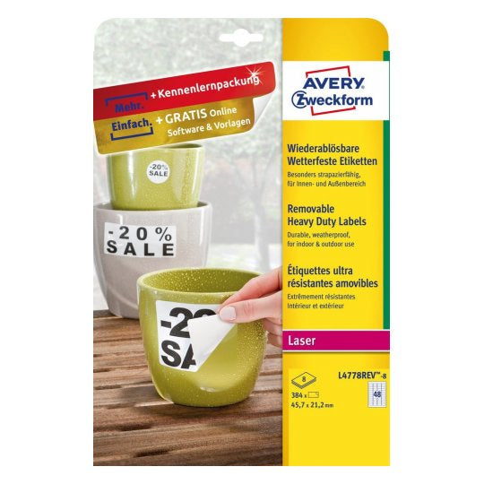 Avery Druckeretiketten, 46 mm × 21 mm, weiss, Folie, extra stark, 8 Blätter (384 Etiketten)