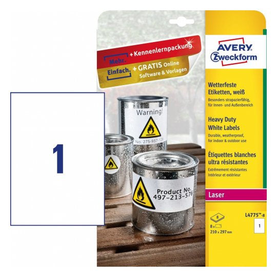Avery Druckeretiketten, 210 mm × 297 mm, weiss, Folie, extra stark, 8 Blatt