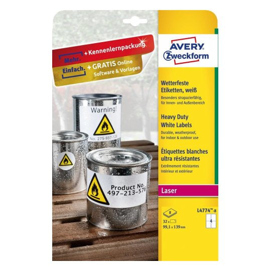 Avery Druckeretiketten, 99 mm × 139 mm, weiss, Folie, extra stark, 8 Blätter (32 Etiketten)