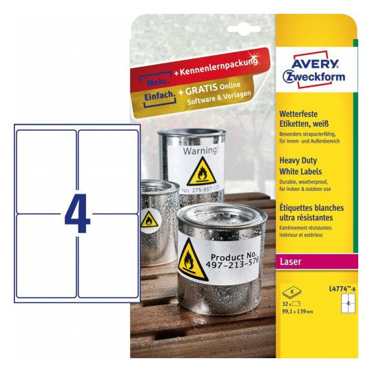 Avery Druckeretiketten, 99 mm × 139 mm, weiss, Folie, extra stark, 8 Blätter (32 Etiketten)