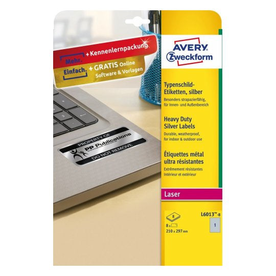 Avery Zweckform – Selbstklebendes Druckeretikett L6013-8, 210 mm × 297 mm, silber, Polyester, permanent, 8 Bogen