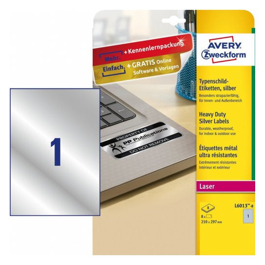 Avery Zweckform – Selbstklebendes Druckeretikett L6013-8, 210 mm × 297 mm, silber, Polyester, permanent, 8 Bogen