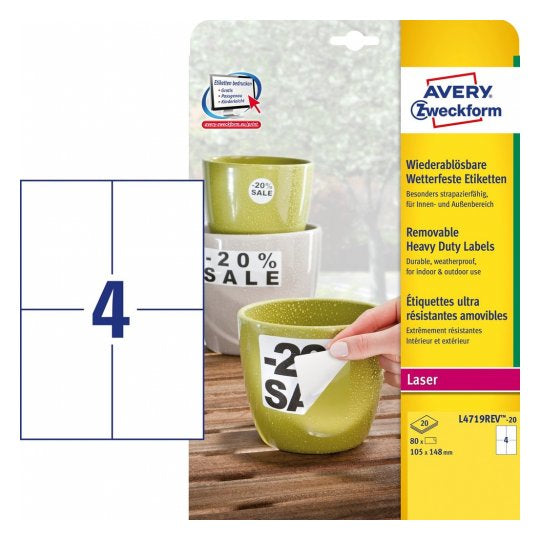 Avery Druckeretiketten, 105 mm × 148 mm, weiss, Polyester, selbstklebend, entfernbar, 80 Etiketten