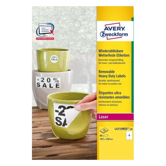 Avery Druckeretiketten, 105 mm × 148 mm, weiss, Polyester, selbstklebend, entfernbar, 80 Etiketten