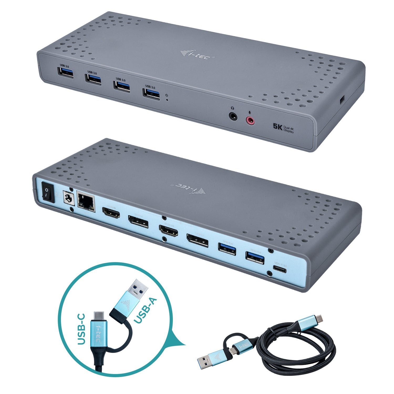 i-tec Dualdock Dockingstation – USB-C, 2× DP, 2× HDMI, 6× USB-A, GbE, 3,5 mm Audio, für Windows/Mac/Linux