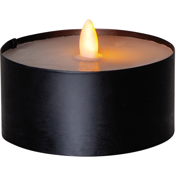 Star Trading LED-Teelicht Maxi – Ø 10 cm – Warmweiss – Batteriebetrieben – Timer 6/18 h, flackernd – Schwarz