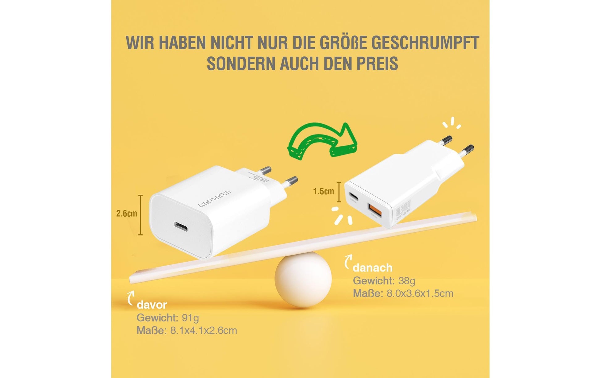 4smarts PDPlug Slim Duos USB-Ladegerät 30 W – USB-C×1, USB-A×1 – PD 3.0, PPS, GaN – EU-Stecker (Typ C) – Weiss